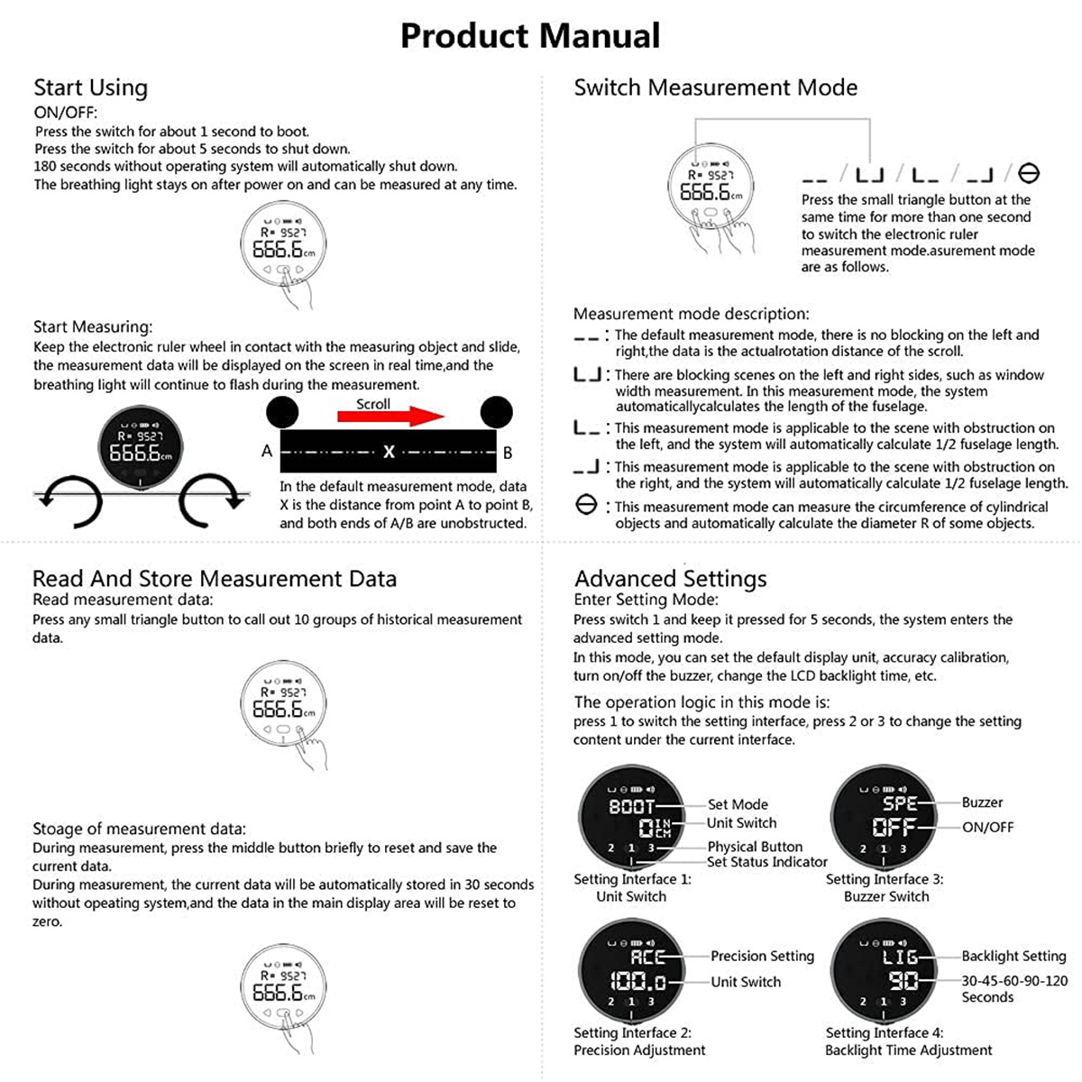 Produkthandbuch. Text und Diagramme auf weißem Hintergrund, die die Verwendung eines Messwerkzeugs zeigen.