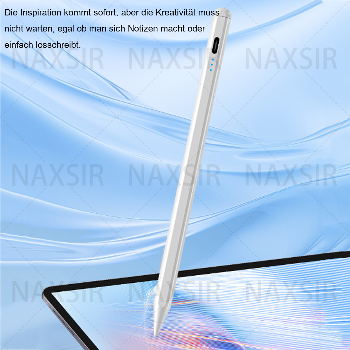 Ein weißer Stift nach links geneigt, über einem verschwommenen blauen Hintergrund.
