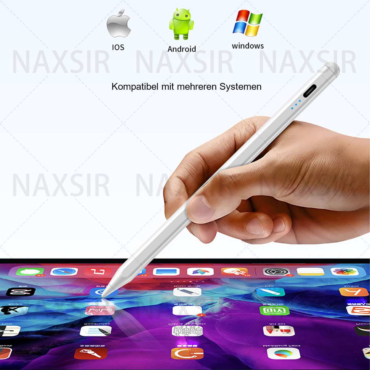 Person hält einen weißen Stylus-Stift über einem Tablet mit iOS-, Android- und Windows-Symbolen. Weißer Hintergrund.