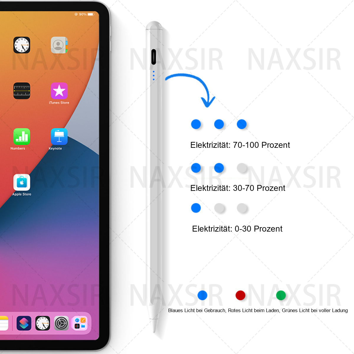 iPad-Bildschirm zeigt Apps. Ein weißer Stift mit blauen, grauen und roten Lichtern zeigt den Akkustand an.