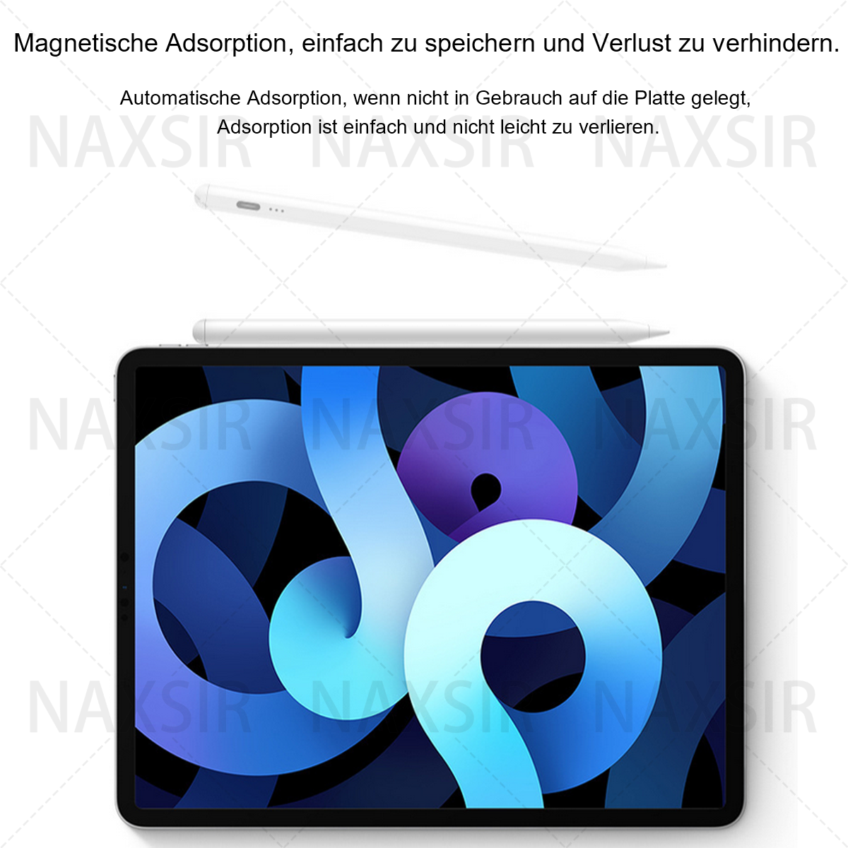 Ein iPad mit einem weißen Stift, beide auf einem dunkelblauen Hintergrund platziert.