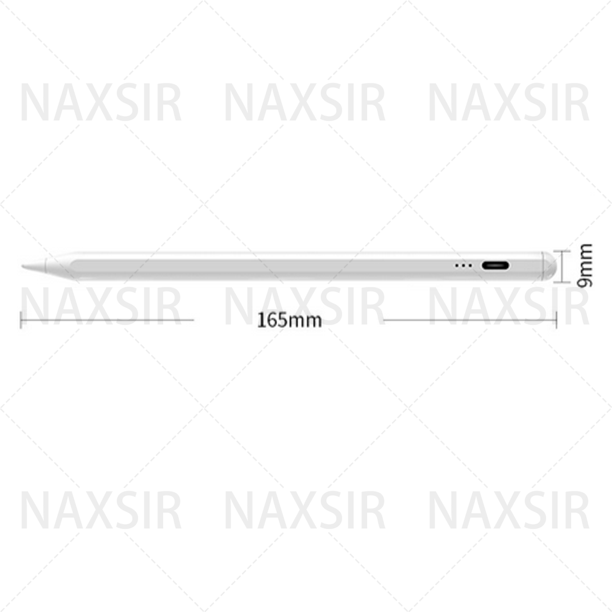 Weißer Stift auf weißem Hintergrund mit Maßen von 165 mm und 9 mm.