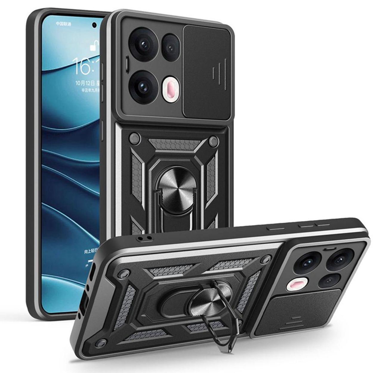 Zwarte telefoonhoes met een ringhouder en een camerahoes, met een telefoon.