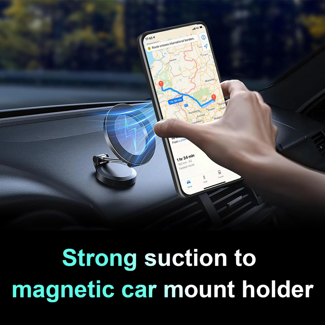 Dashboard van een auto met een telefoon gemonteerd. Een kaart wordt weergegeven op het telefoonscherm. Blauw lichteffect.