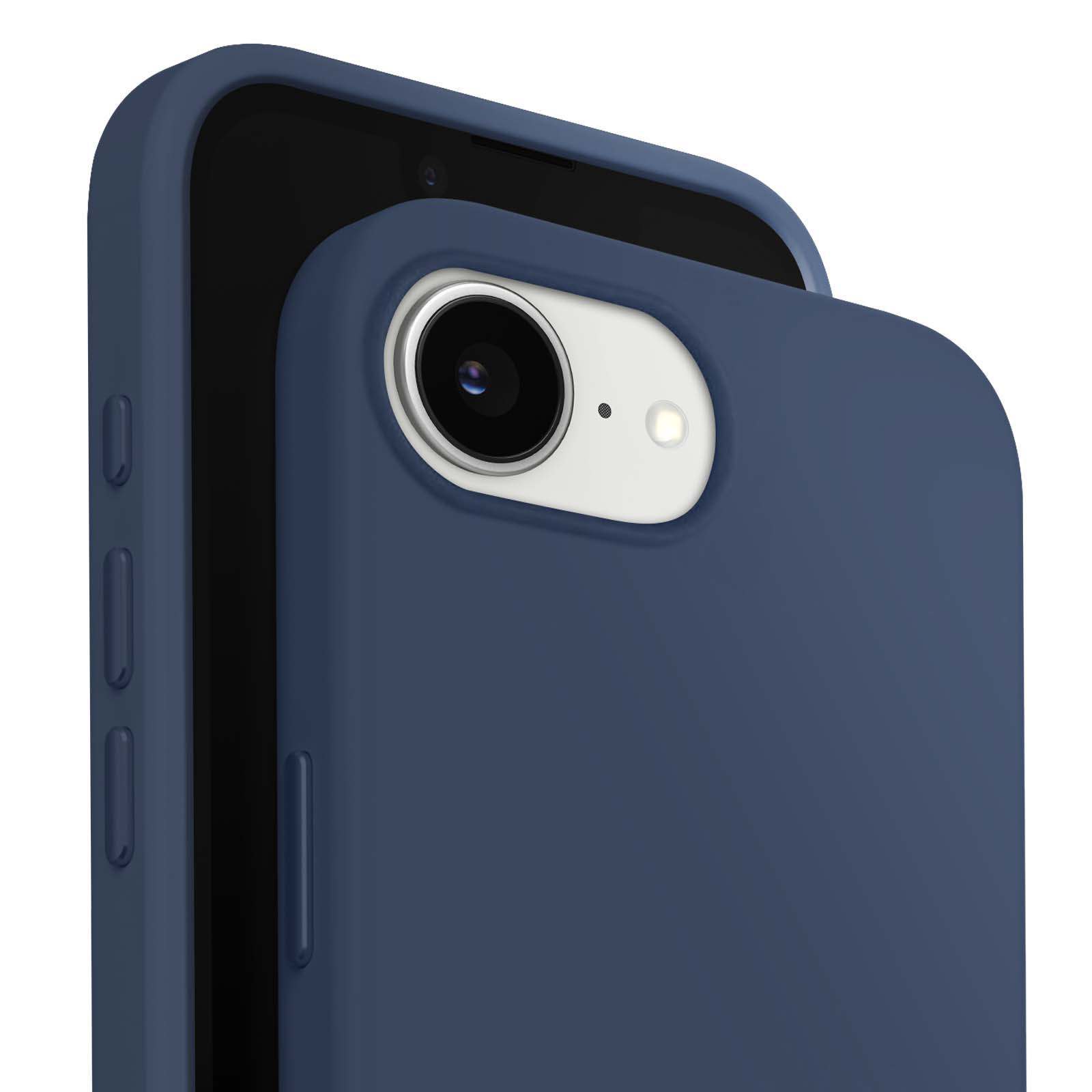 Custodia per telefono blu scuro con un singolo obiettivo. La custodia è liscia e ha una finitura opaca.