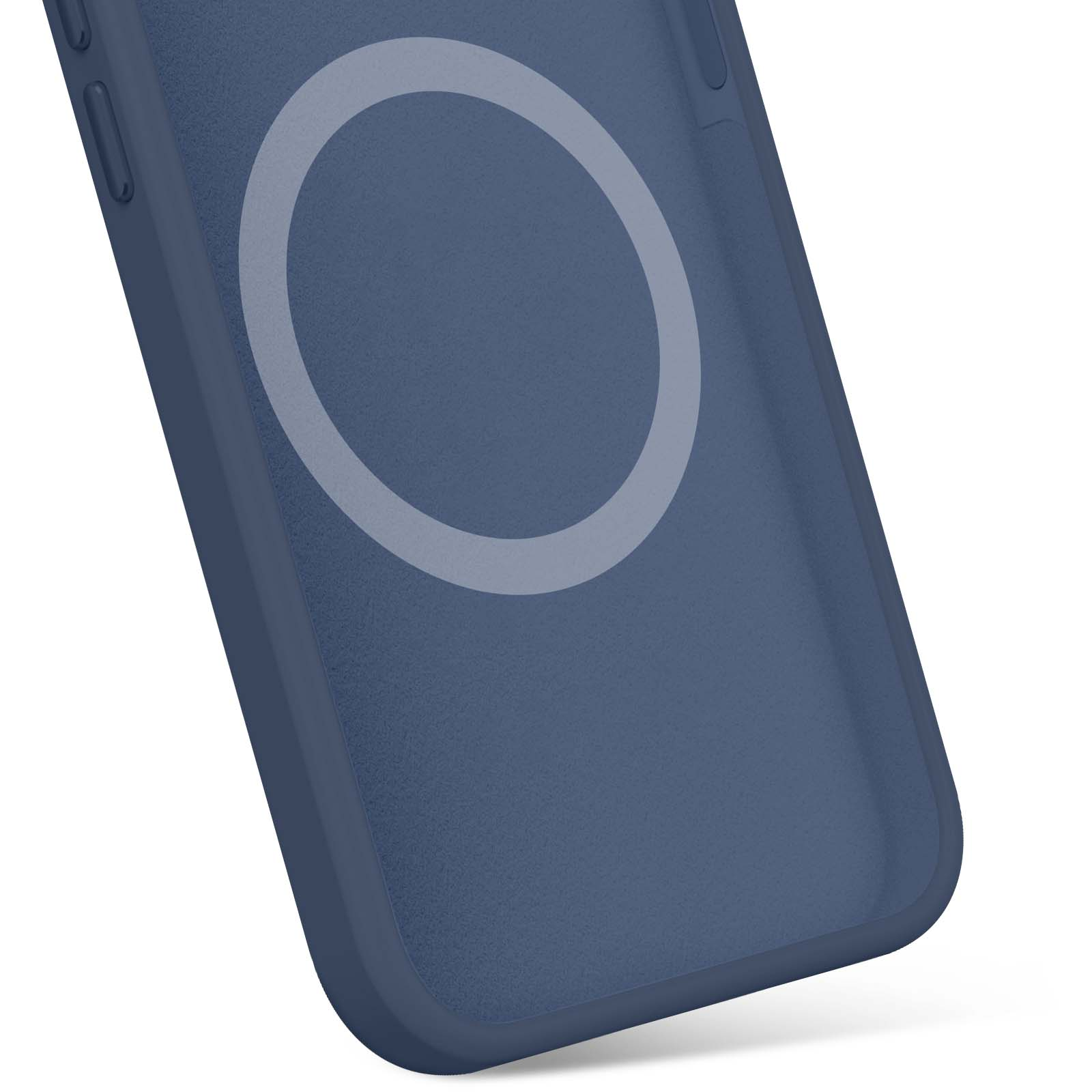 Primo piano di una custodia blu per telefono con design a magnete circolare.