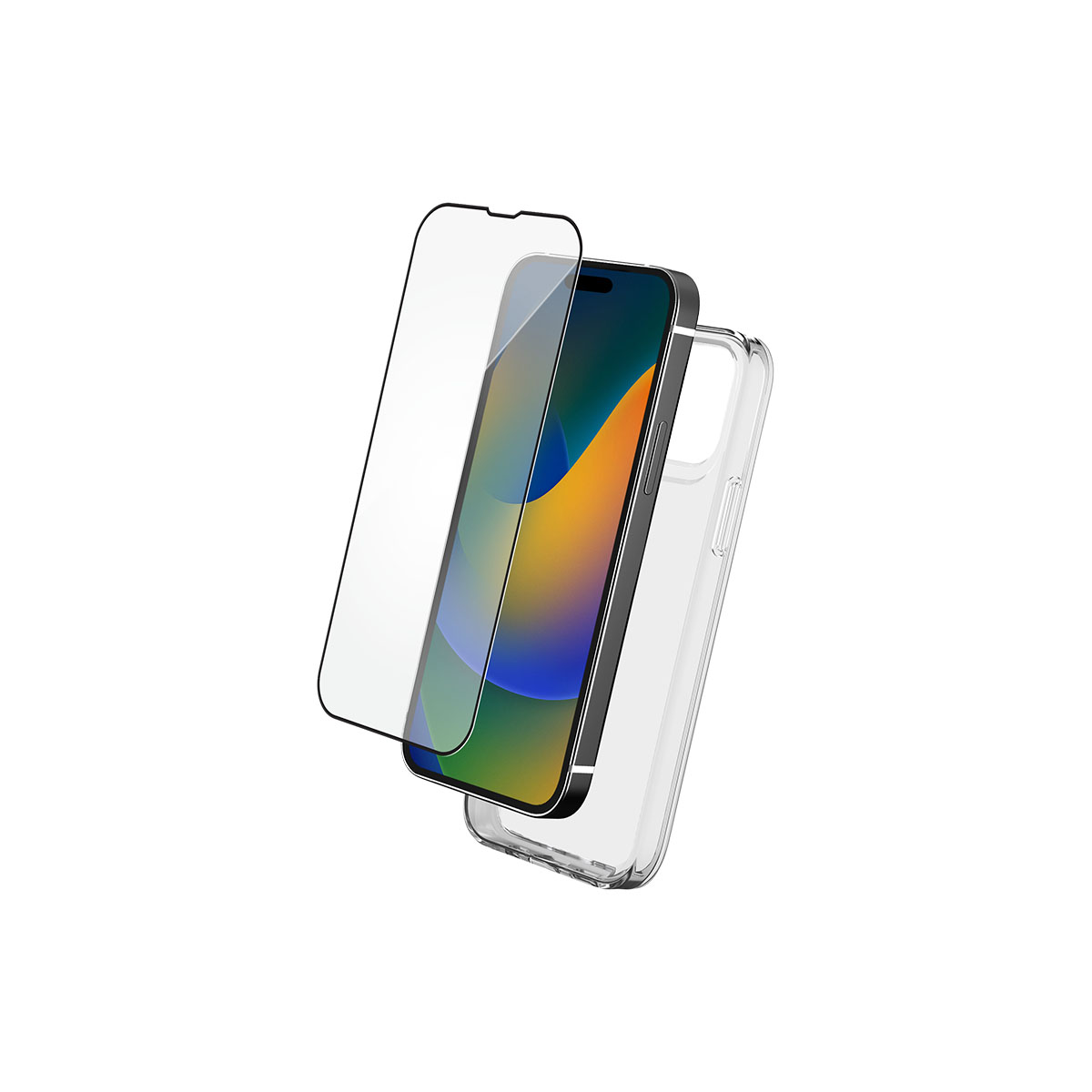 Telefono con protezione schermo e custodia. Il telefono ha uno schermo con sfumatura gialla e arancione.
