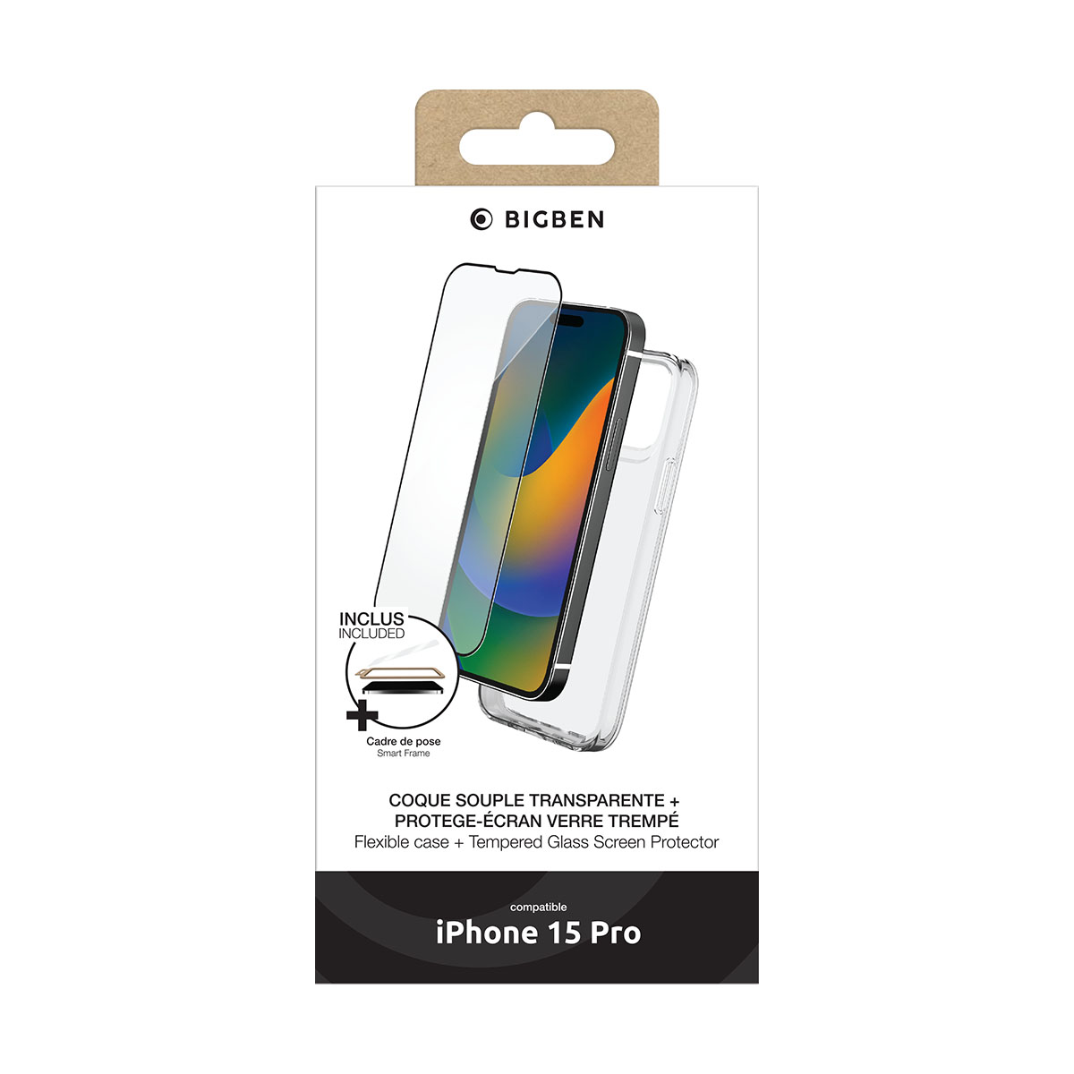 Confezione per iPhone 15 Pro, inclusa custodia trasparente e protezione schermo.