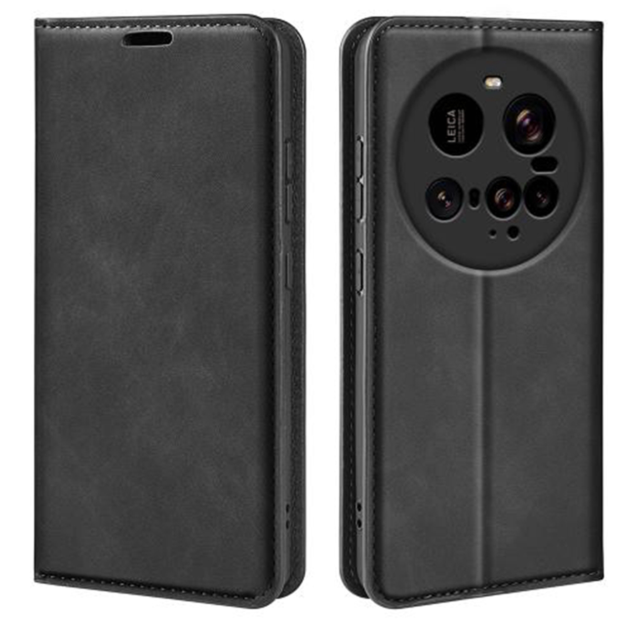 Zwarte leren telefoonhoes met een overslag, op een wit oppervlak.