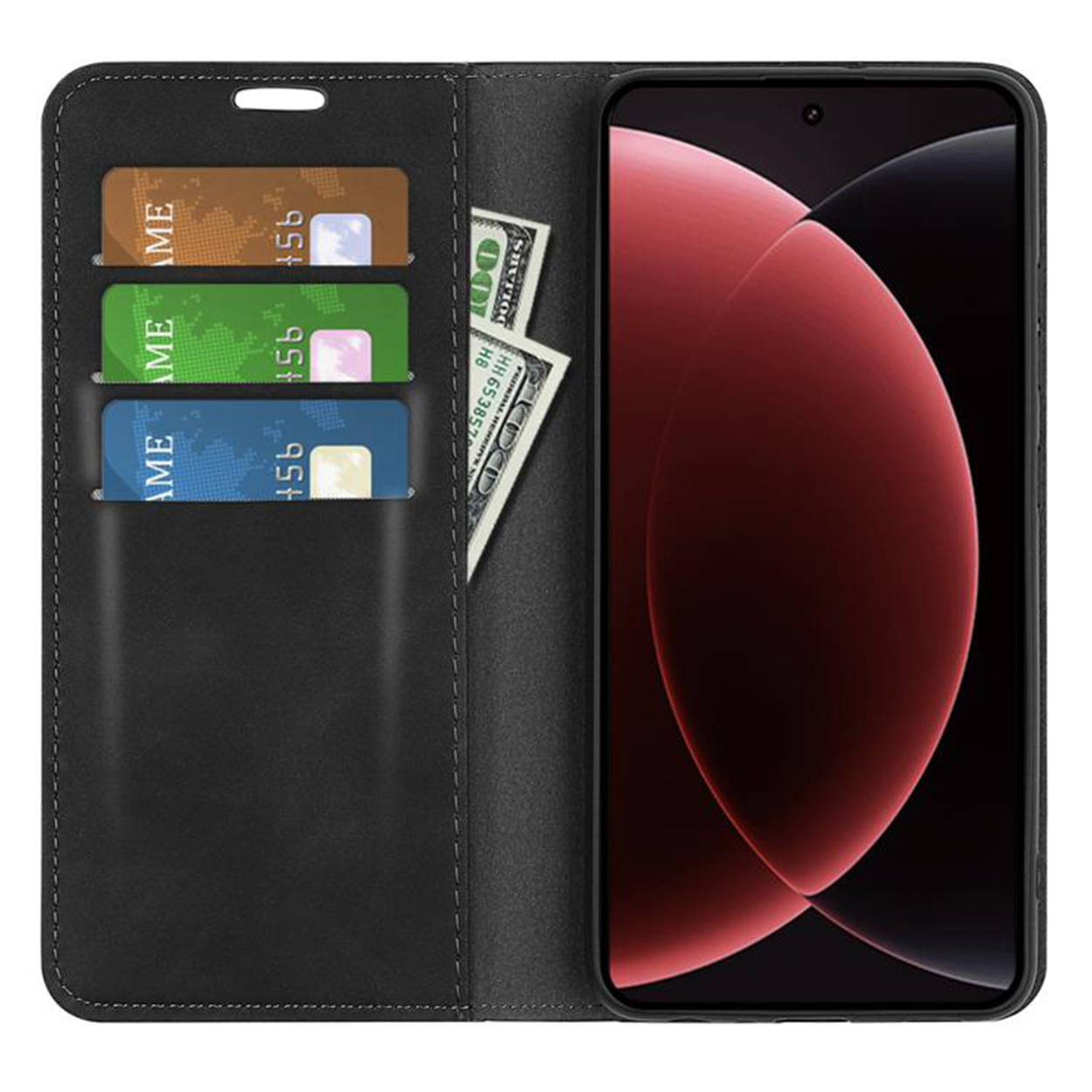 Zwarte telefoonhoes open, met kaarten en geld erin.
