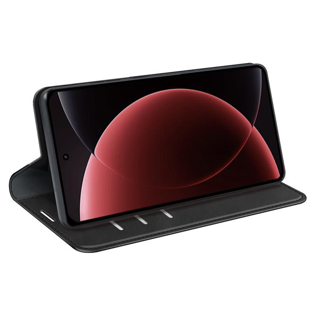 Zwarte telefoonhoes open, onthullend een telefoon met een rood en zwart scherm.