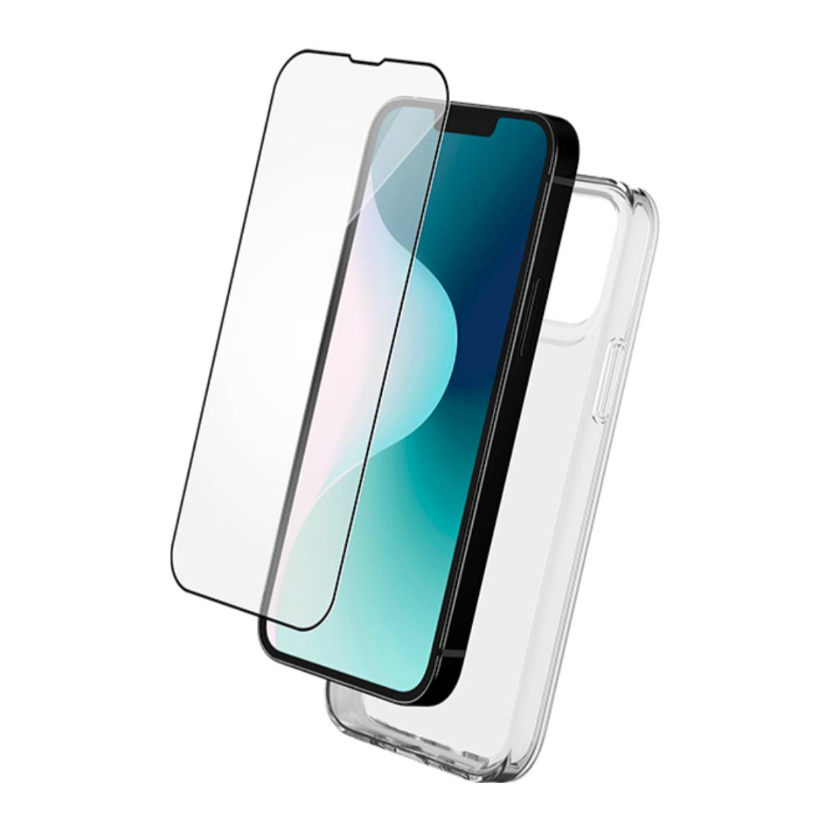 Telefono con protezione schermo e custodia. Sfondo bianco. Kit di protezione.