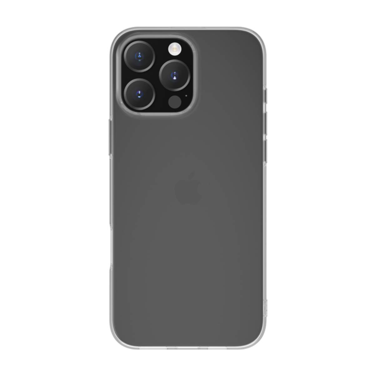 Custodia per telefono grigio scuro con bordo trasparente, mostra le lenti della fotocamera e il logo Apple.