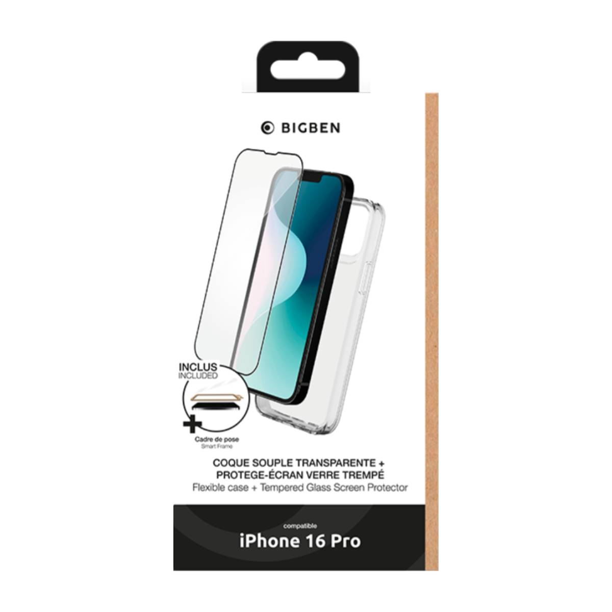 Set di custodia e protezione schermo in scatola per un iPhone 16 Pro. Include protezione schermo e custodia.