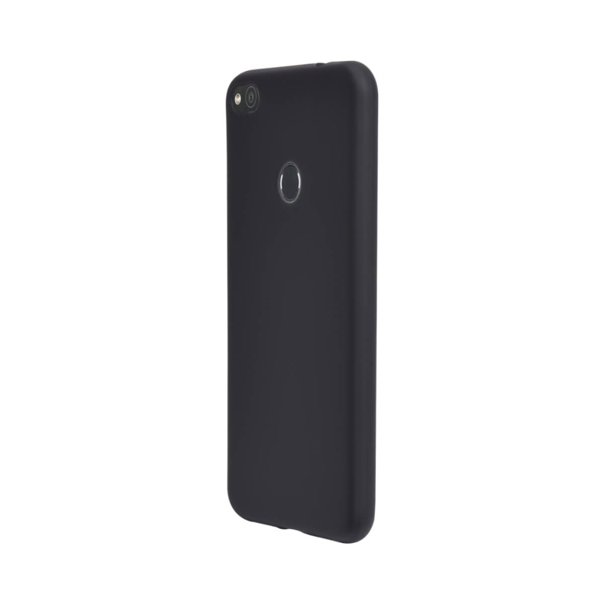 Una custodia per telefono nera, che mostra l'obiettivo della fotocamera e un foro rotondo per il sensore di impronte digitali.