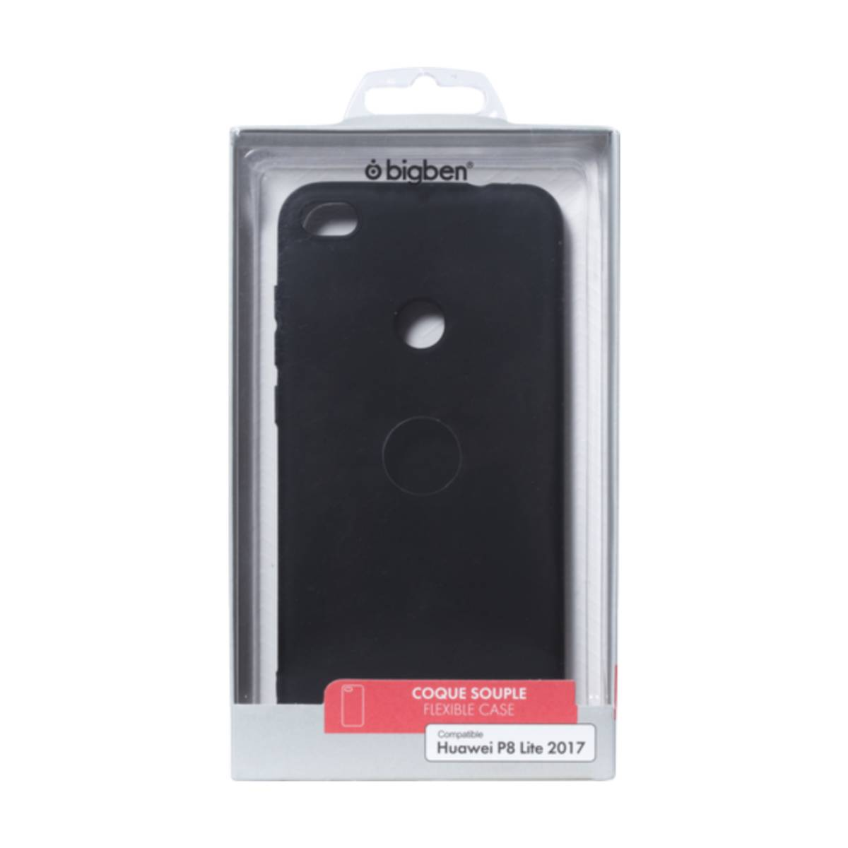Custodia nera in una scatola trasparente. Compatibile con Huawei P8 Lite 2017, con descrizione della custodia flessibile.
