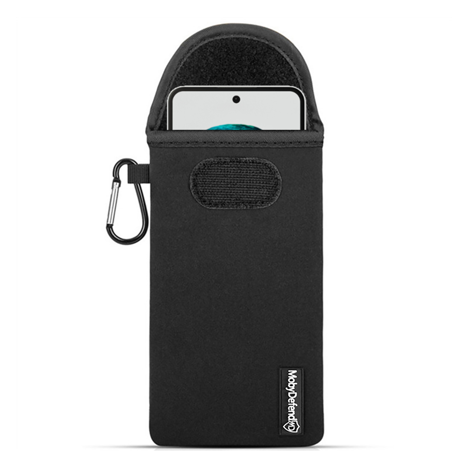 Pochette de téléphone noire avec un mousqueton argenté attaché sur le côté.