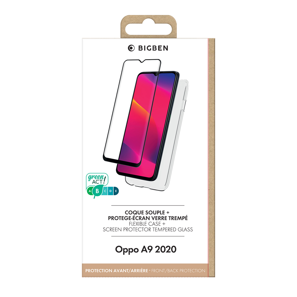 Set di custodia e protezione schermo in scatola per un Oppo A9 2020. Include protezione schermo e custodia.