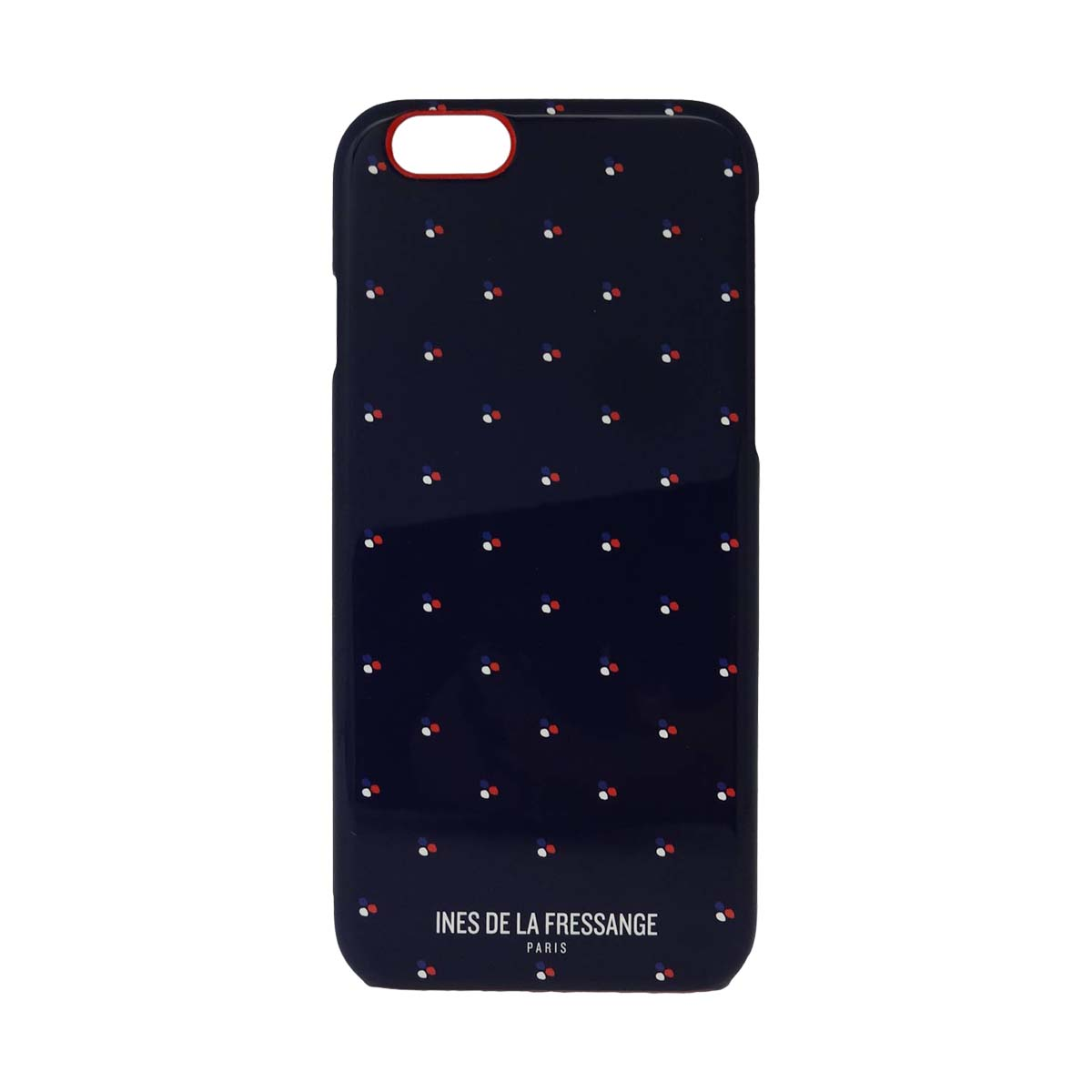 Una custodia per telefono blu navy con pois bianchi, rossi e blu. Le parole 'INES DE LA FRESSANGE PARIS' sono stampate.