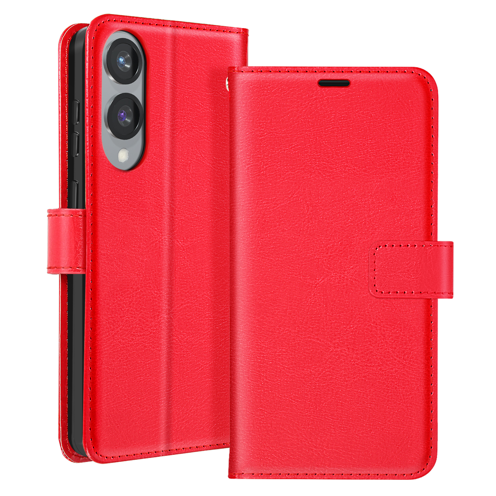 Custodia rossa per telefono con copertina e telefono all'interno. È una custodia a portafoglio.