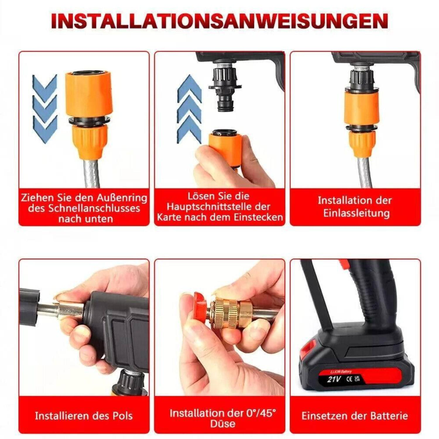 Anweisungen zur Verwendung eines Hochdruckreinigers, mit verschiedenen Teilen und Schritten angezeigt.