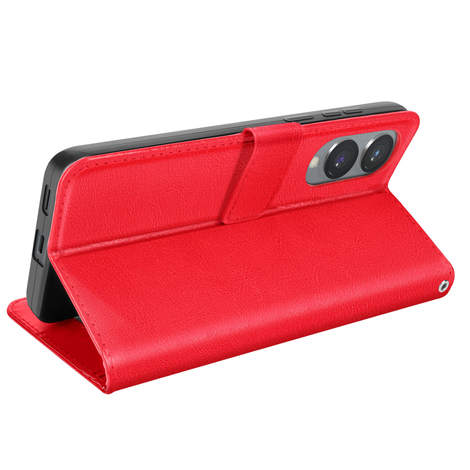 Custodia rossa per telefono con telefono all'interno. Il telefono è in posizione verticale e la fotocamera è visibile.