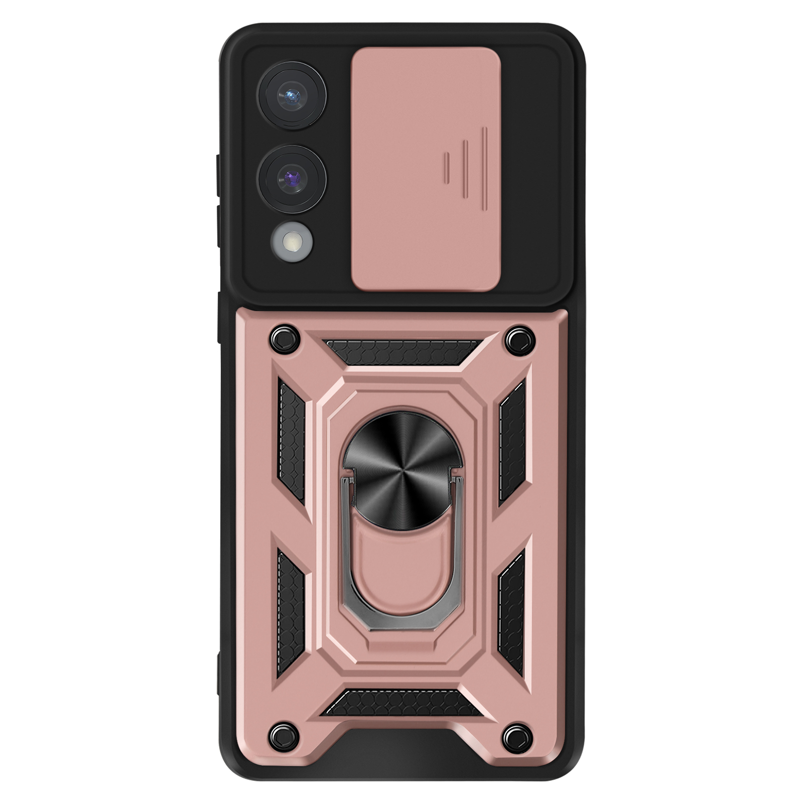 Una custodia per telefono con supporto e copertura per fotocamera. La custodia è oro rosa e nera.