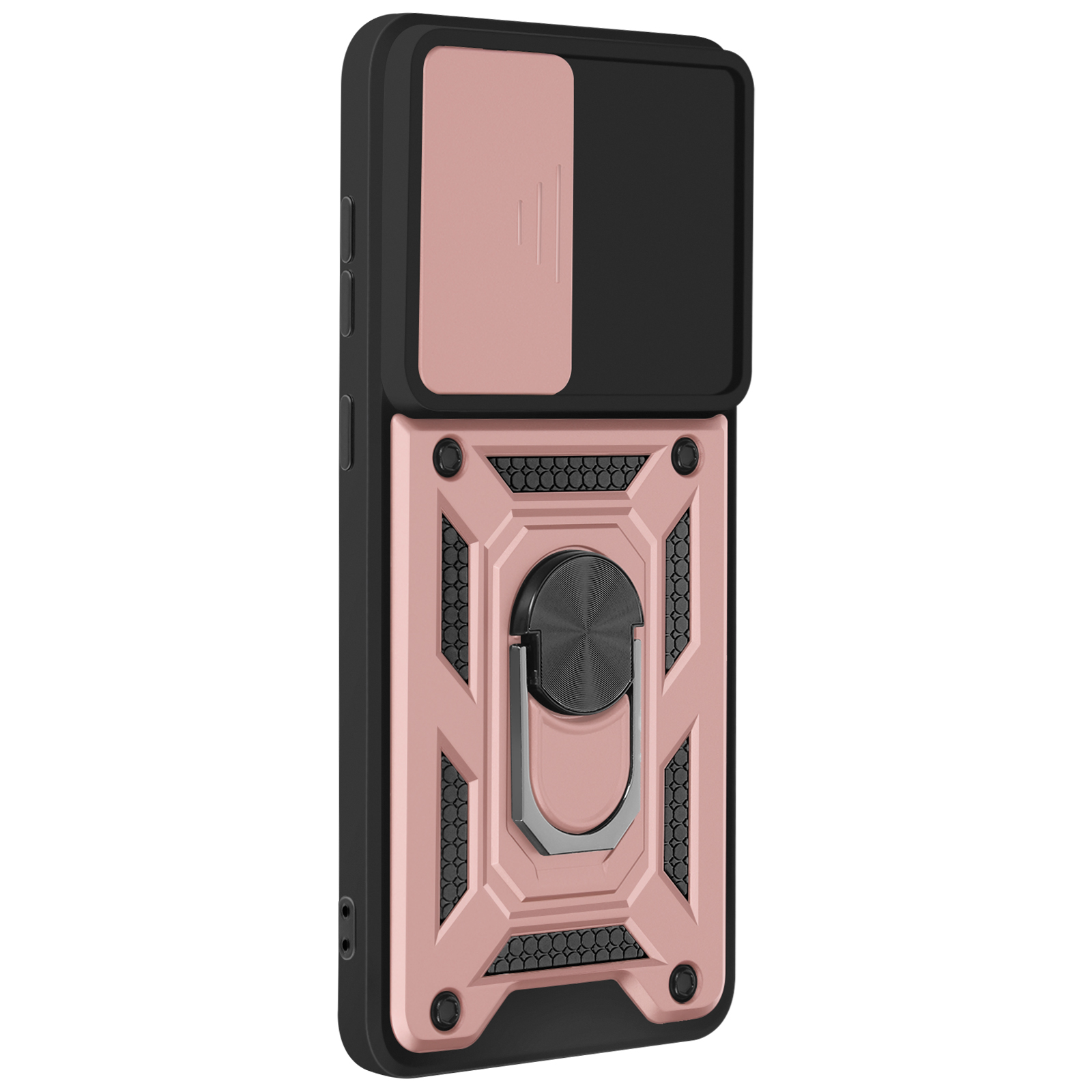 Custodia per telefono rosa e nera con copertura scorrevole per fotocamera, supporto ad anello e design strutturato.