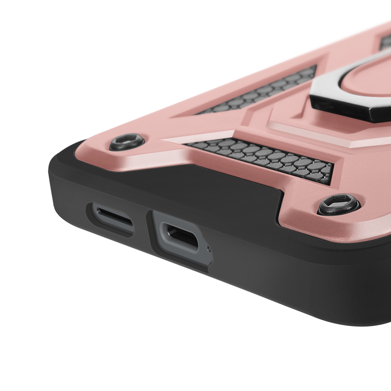 Primo piano di una custodia per telefono rosa e nera. Supporto ad anello visibile. Dettagli delle viti nere.