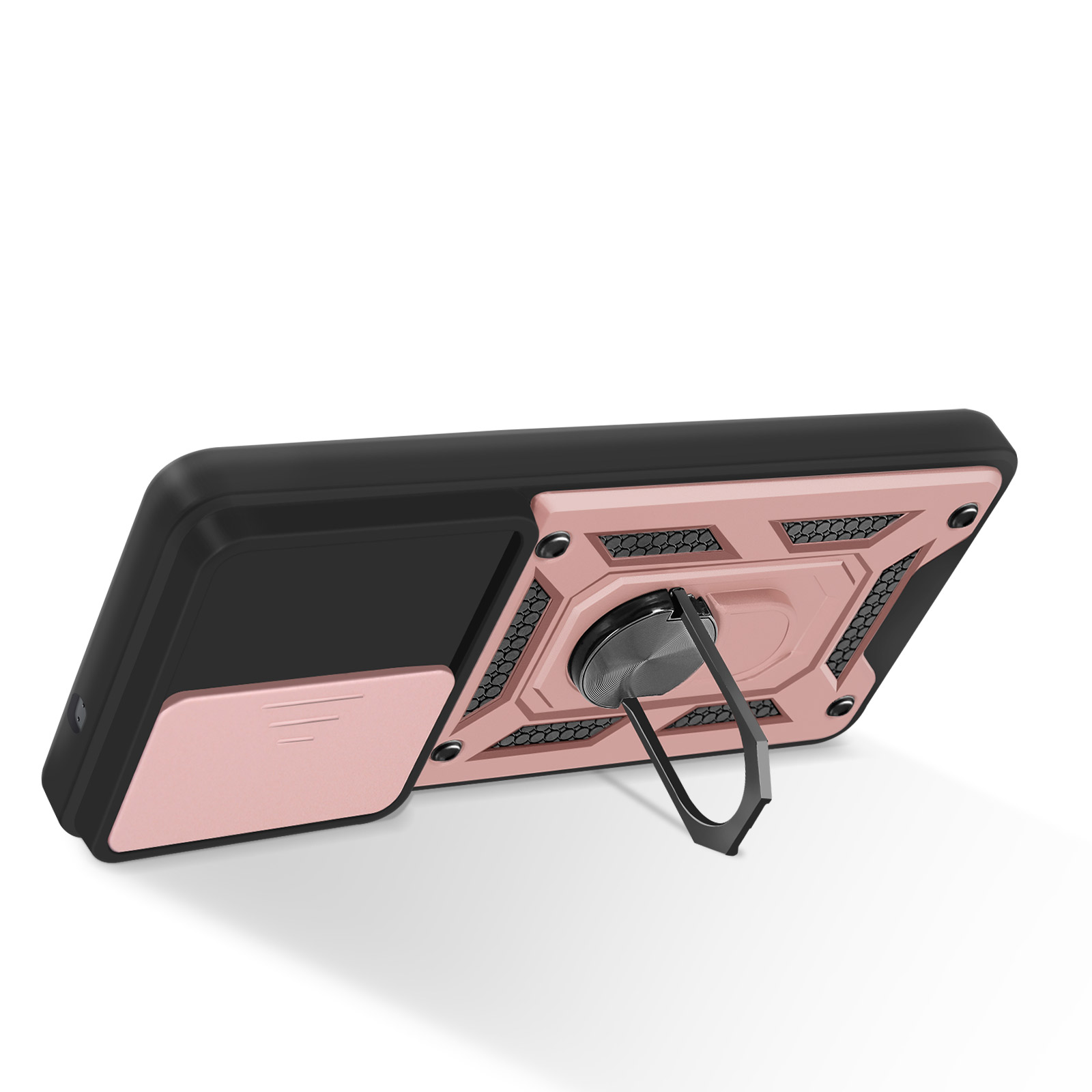 Custodia per telefono nera e rosa con anello di supporto. Motivo a nido d'ape sul retro. Sfondo bianco.