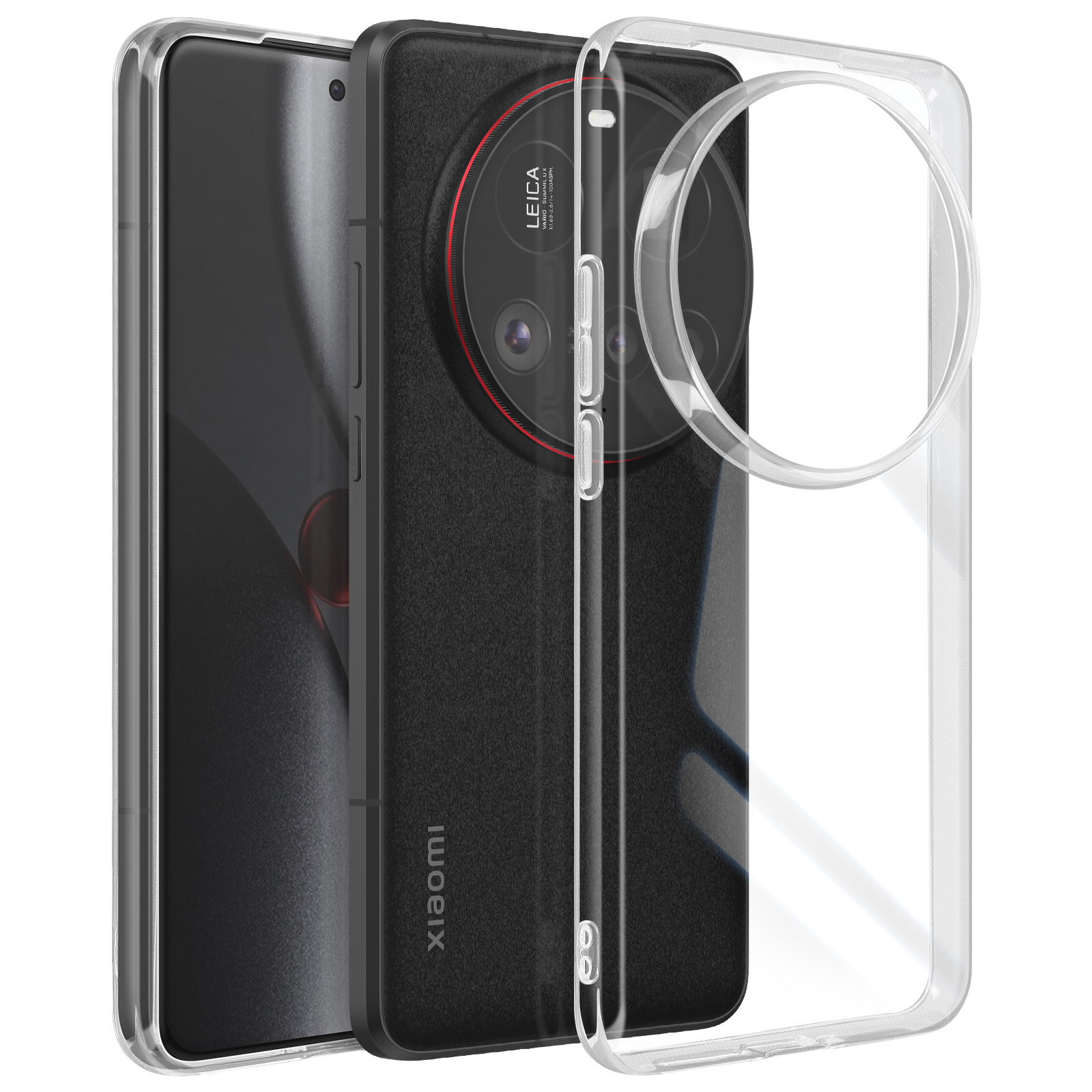 Un telefono con una custodia trasparente. Il telefono ha tre fotocamere e un retro in pelle nera.