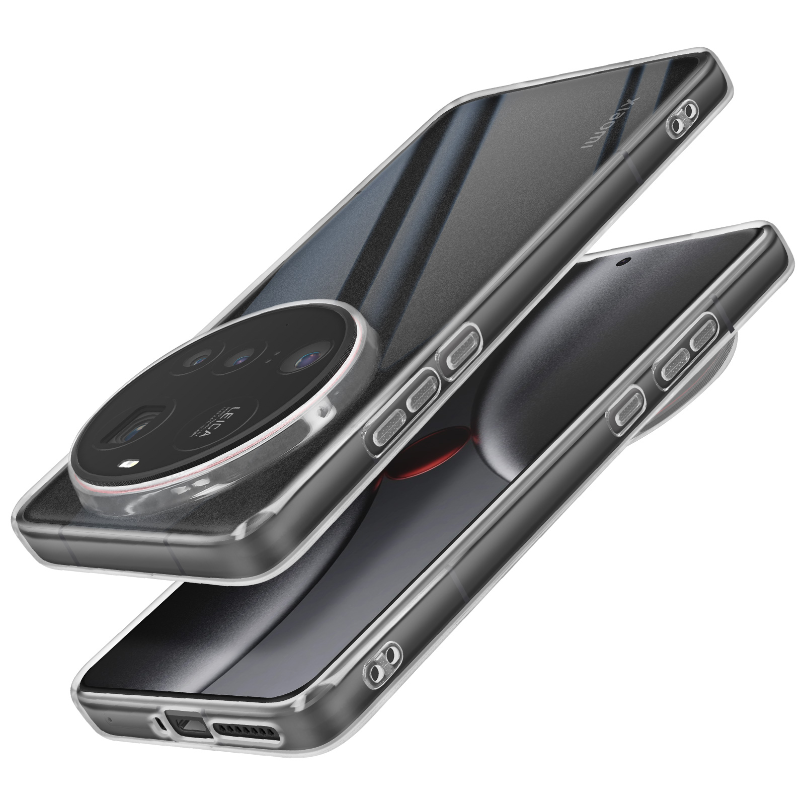 Due custodie trasparenti per telefono, una sopra l'altra. Obiettivi della fotocamera Leica visibili.