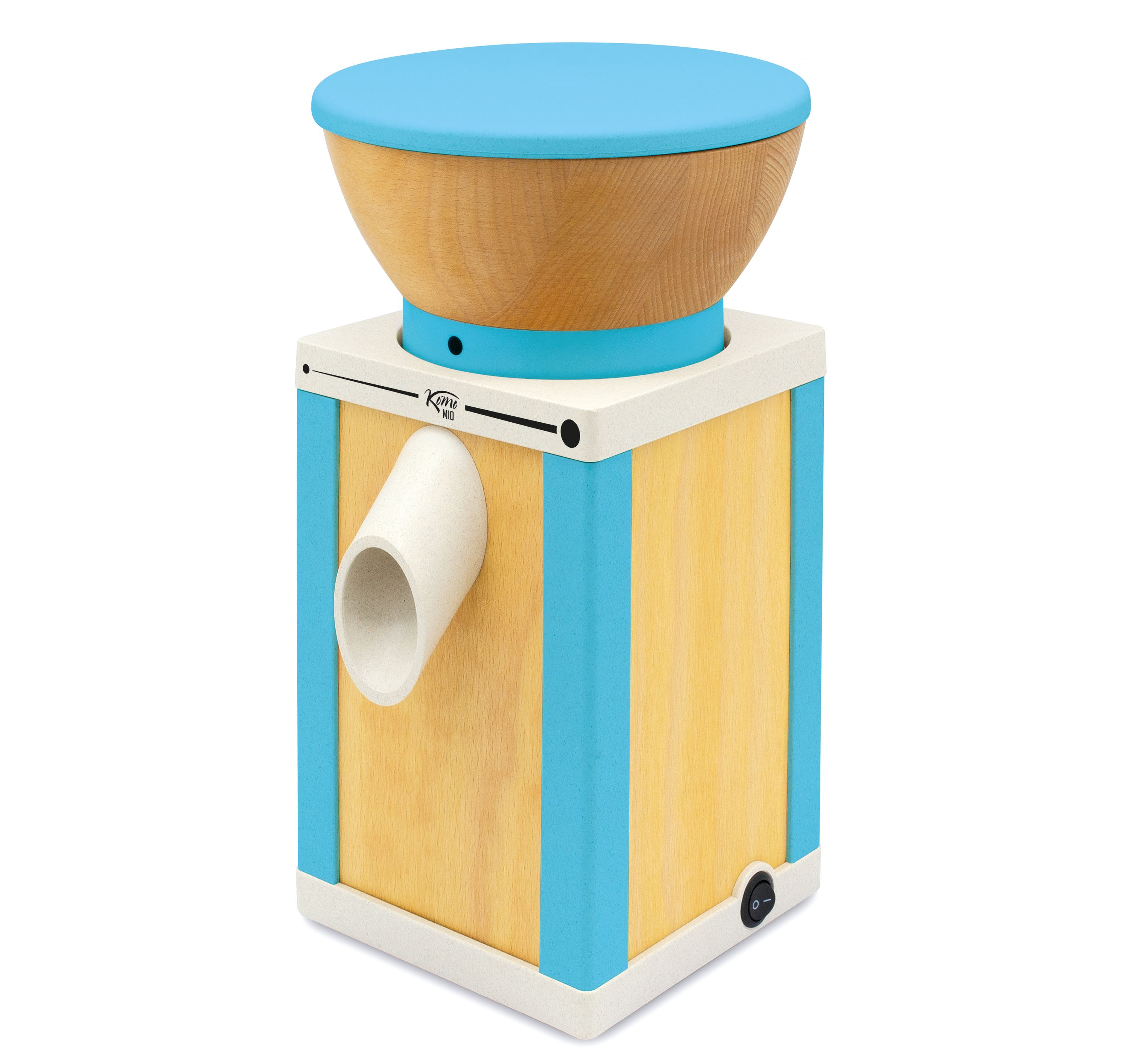 Hölzerne Spielzeug-Kaffeemühle, zeigt Seite und Oberseite, mit blau und beige, auf weißem Grund.