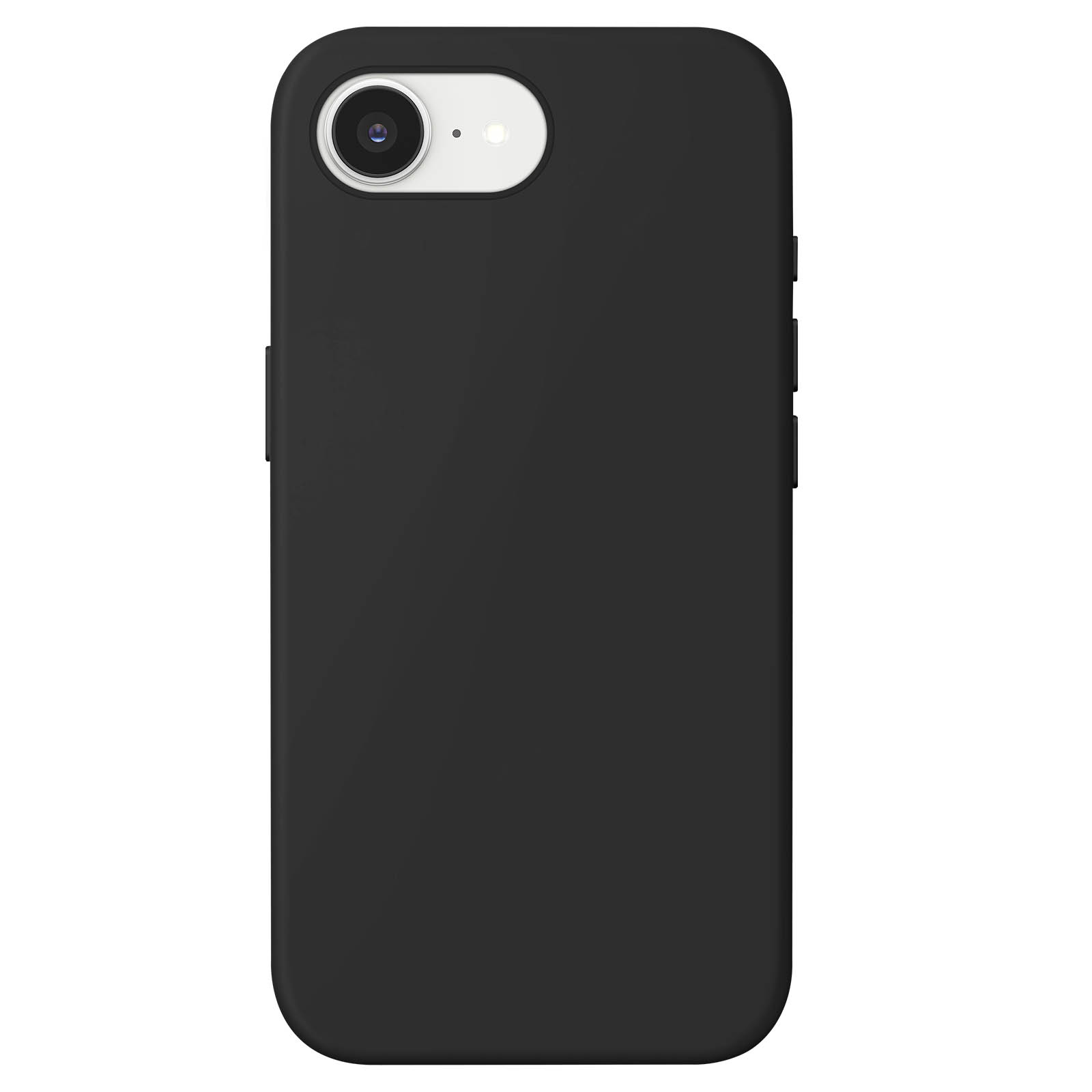 Coque de téléphone noire avec trou pour caméra sur fond blanc.