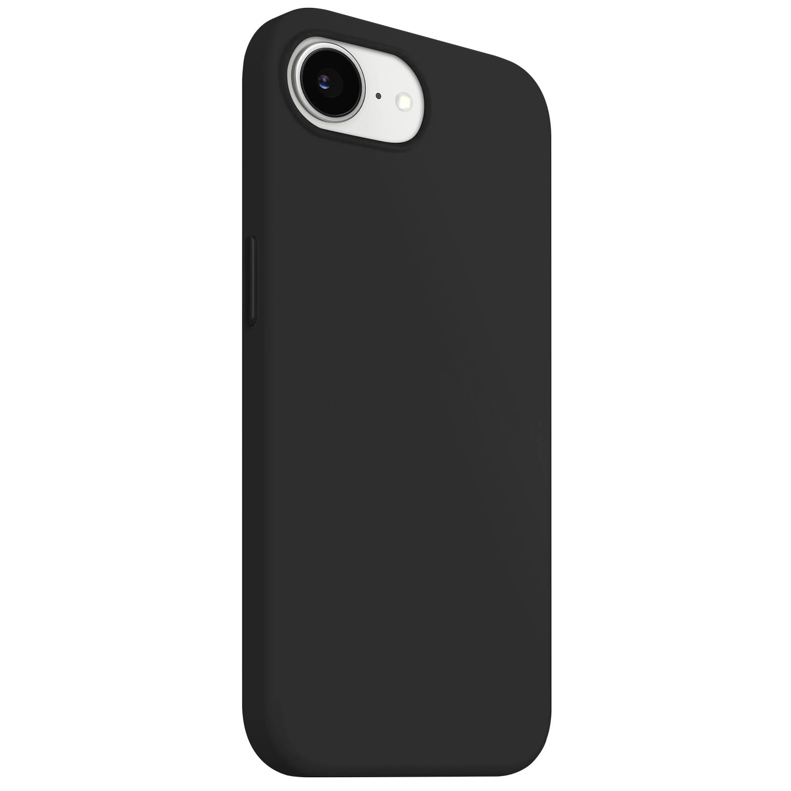 Coque de téléphone noire, vue arrière et latérale, avec découpe pour l'appareil photo. Fond blanc.