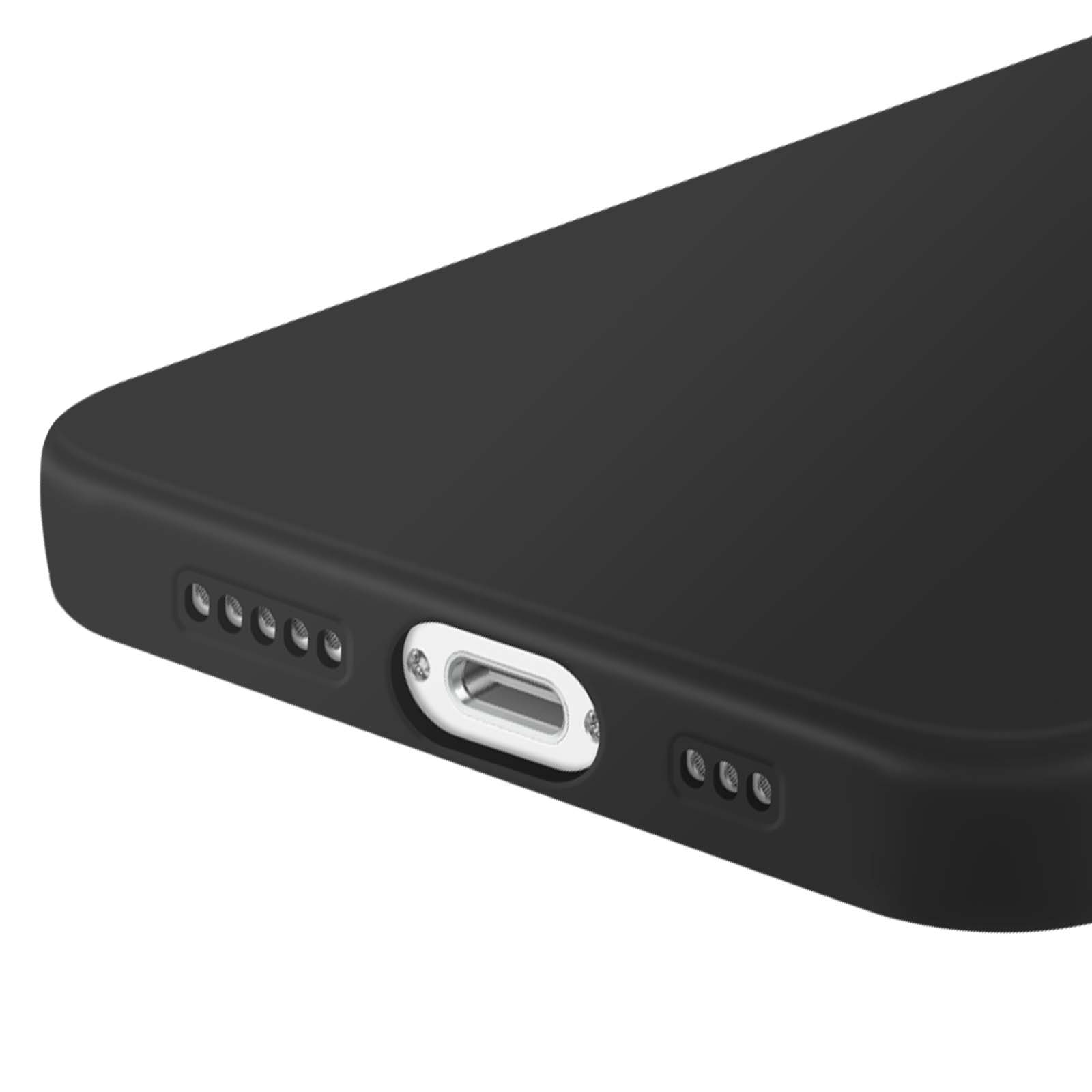Coque de téléphone noire avec port de charge et trous de haut-parleur, vue en angle, bord visible.