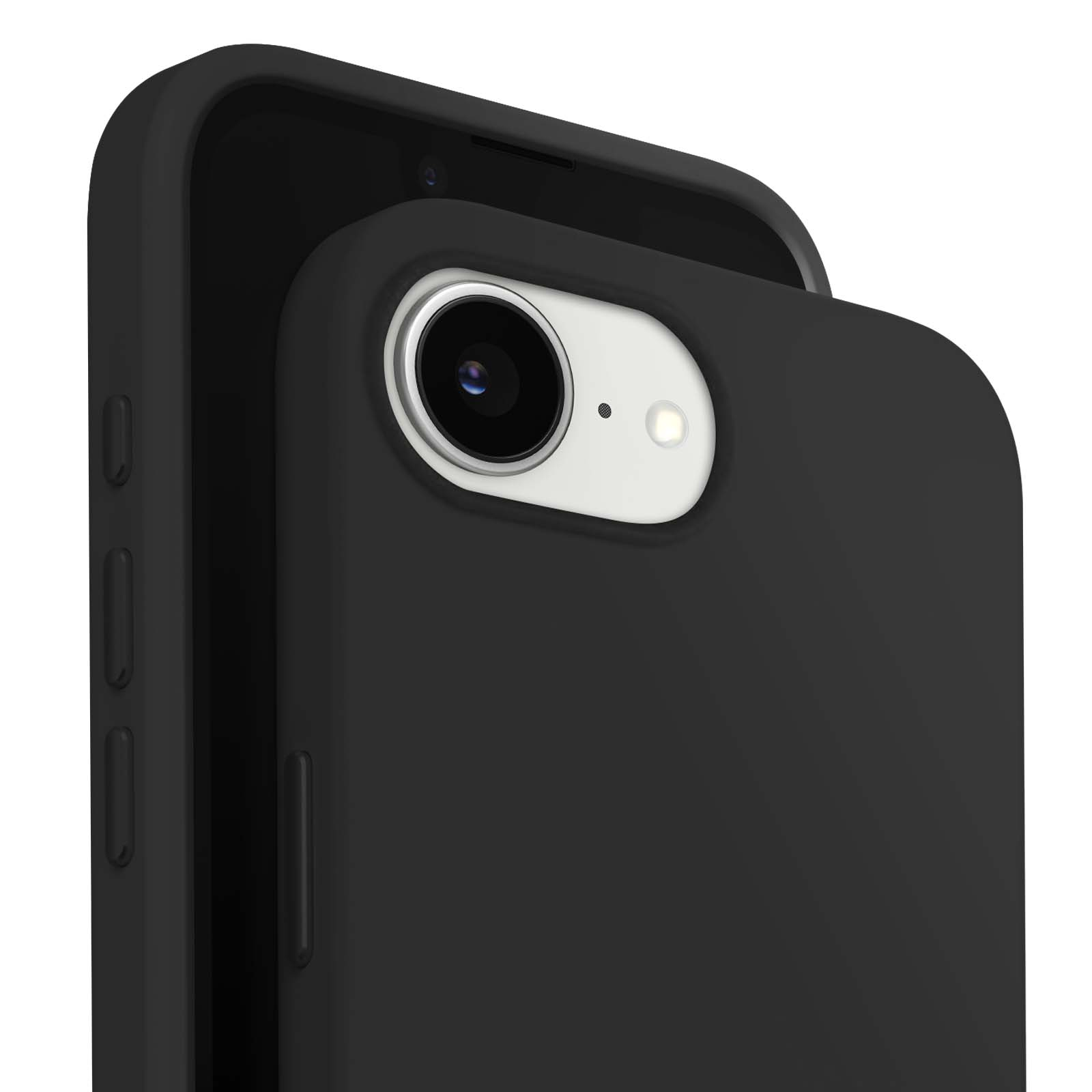 Coque de téléphone noire, montrant les objectifs et le flash, le téléphone est couvert.