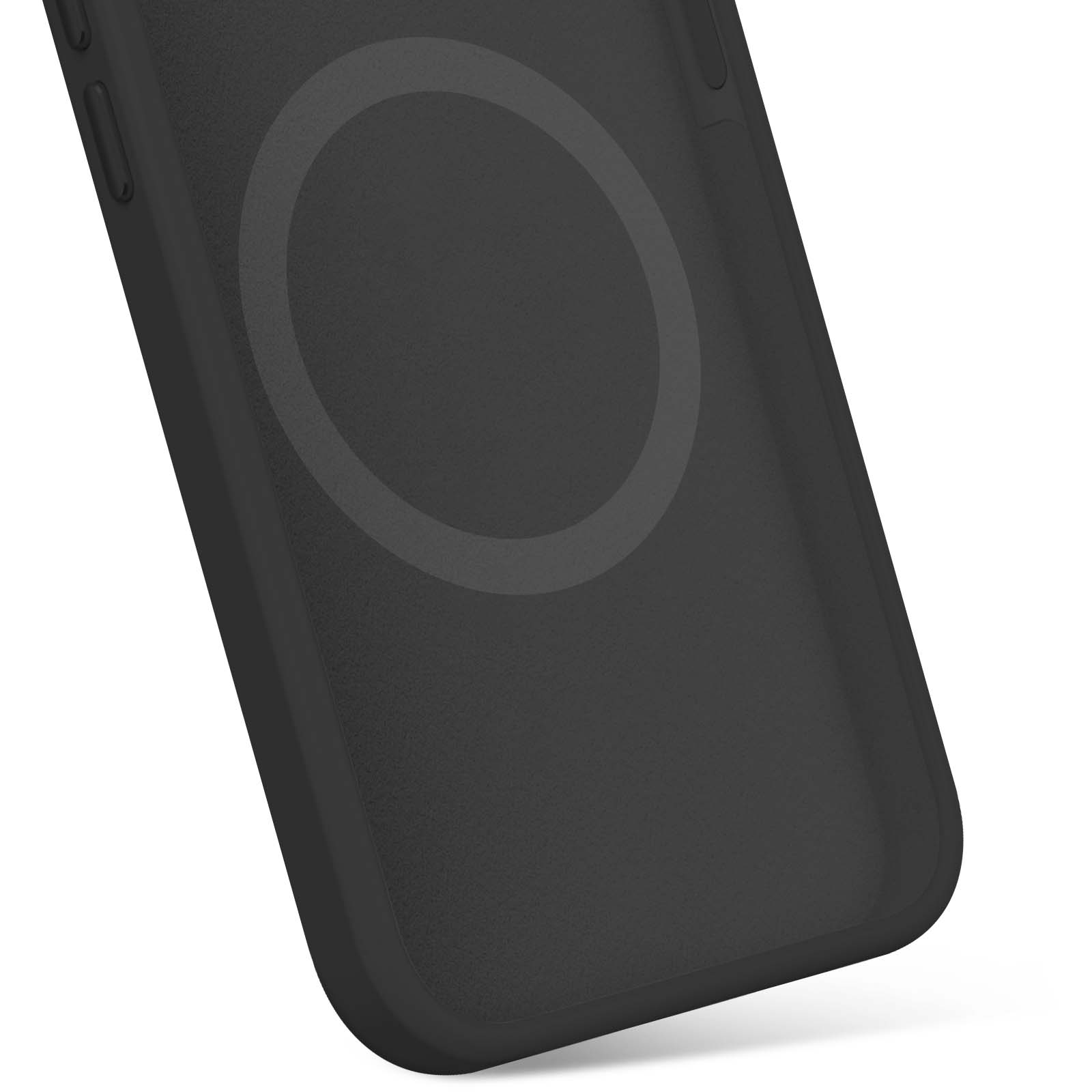 Coque de téléphone noire avec fixation magnétique circulaire. Fond blanc.