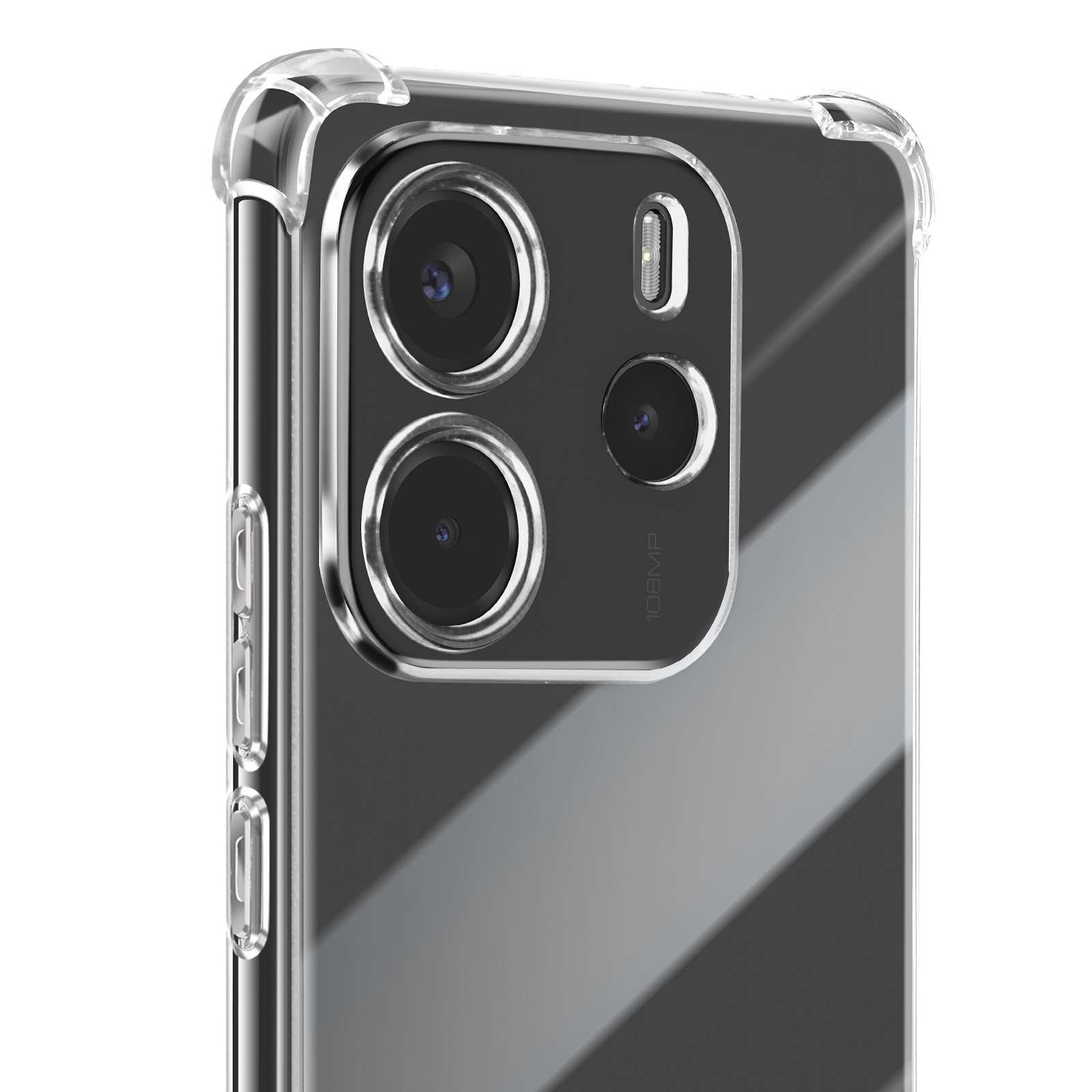 Primo piano di un telefono con custodia trasparente, che mostra le lenti della fotocamera.