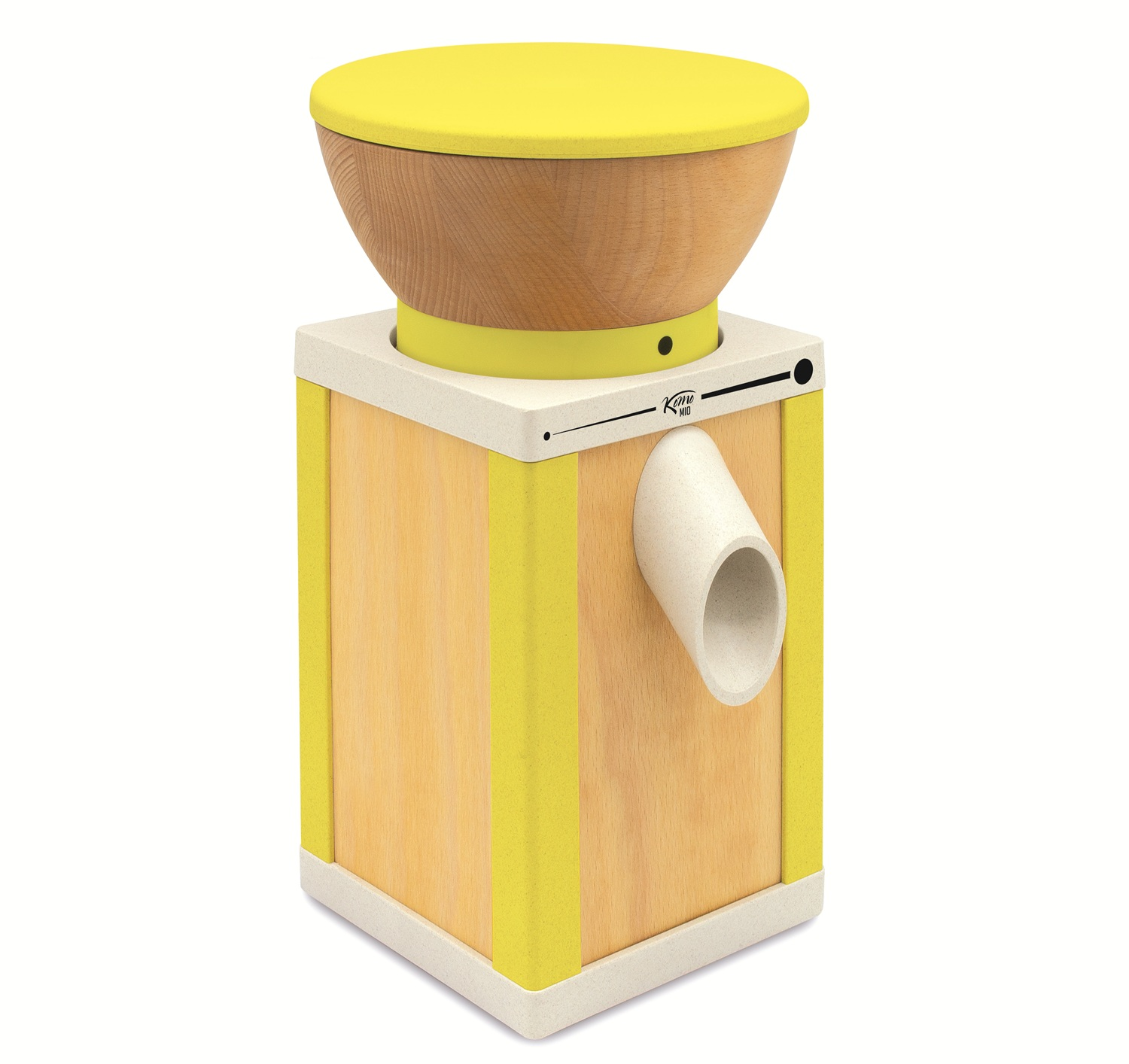 Holzspielzeug mit gelben und beigen Farben, schalenförmiger Oberteil und Ausguss.