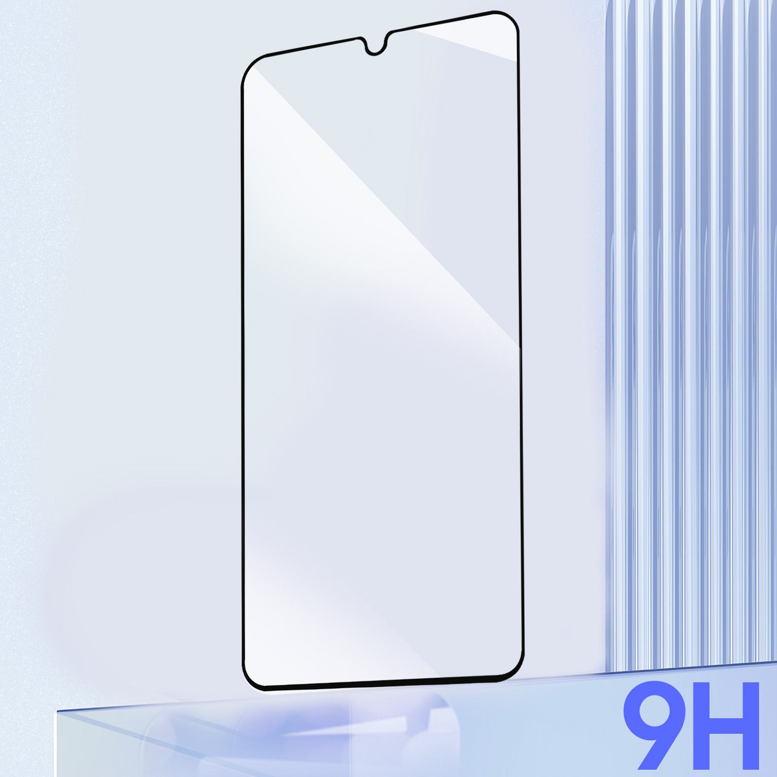 Vetro protezione schermo su un supporto. Sfondo blu e bianco.