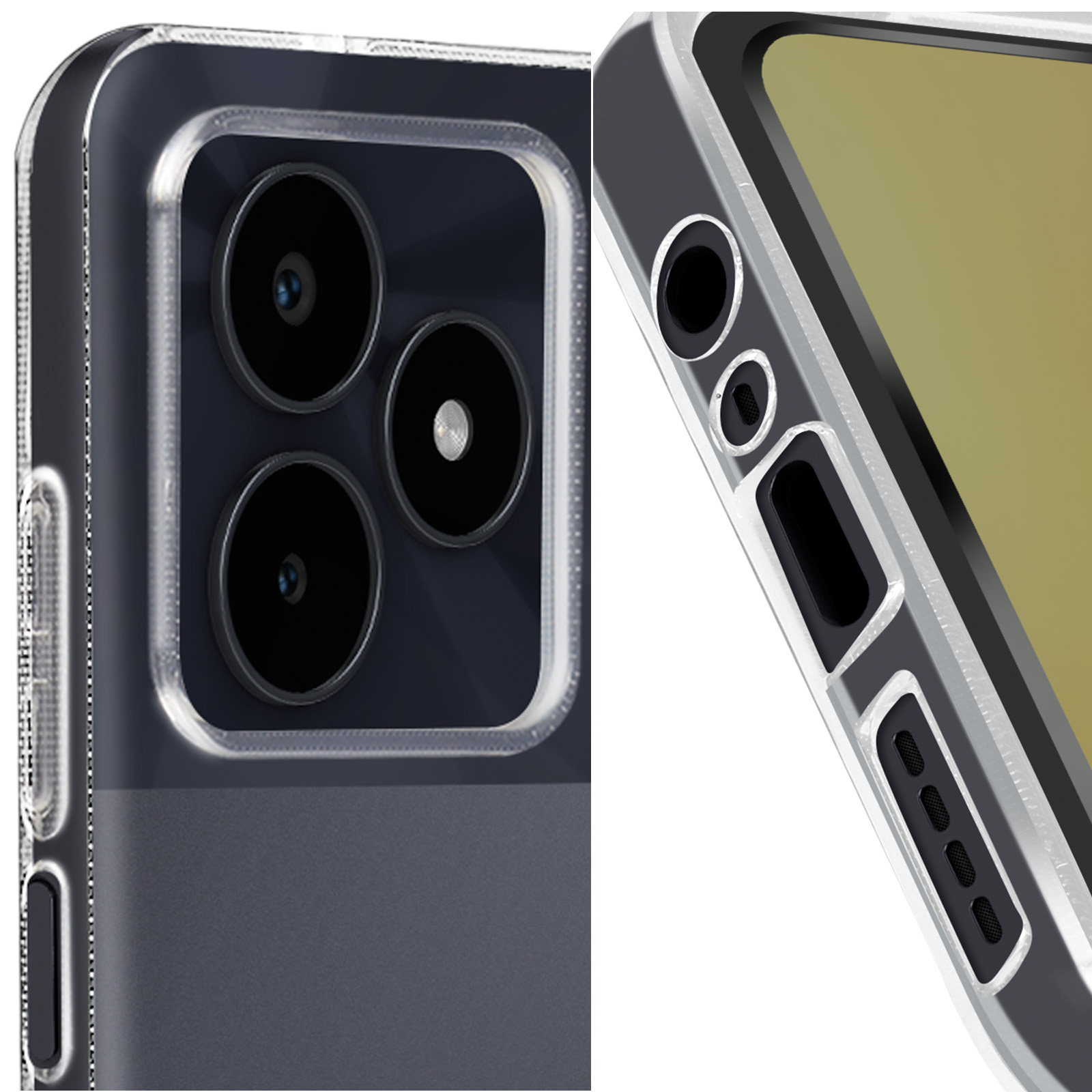 Primo piano di un telefono con custodia trasparente. L'obiettivo della fotocamera è visibile.