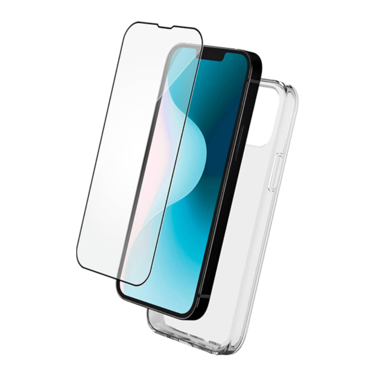 Un telefono con una protezione per lo schermo e una custodia trasparente. Il telefono è nero con schermo blu.