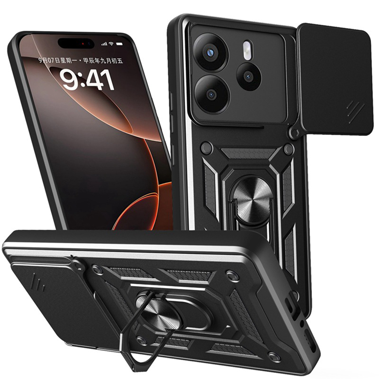 Zwarte telefoon met een zwart hoesje en camerabescherming. Er is een ringhouder bevestigd.
