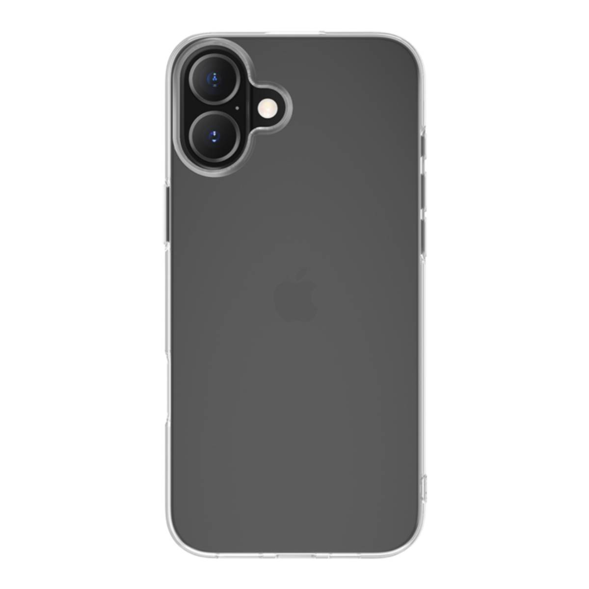 Retro di un telefono nero con custodia trasparente. Il logo Apple è visibile.