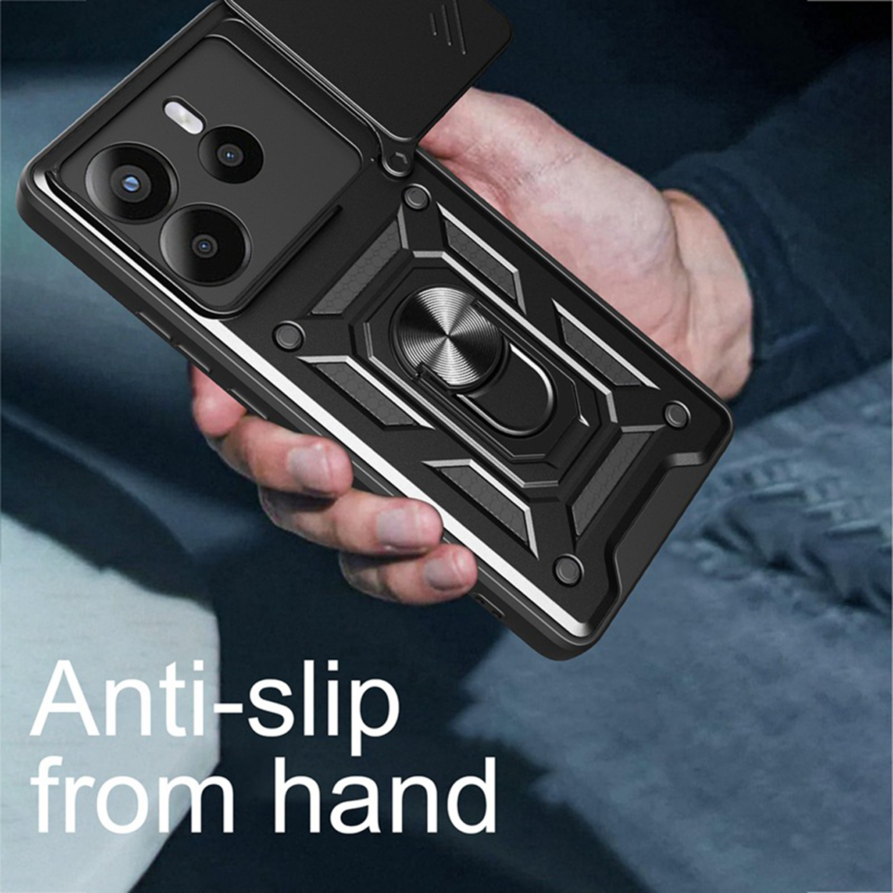 Een zwarte telefoonhoes die door een persoon wordt vastgehouden. De hoes heeft een ringhouder. De tekst zegt antislip van de hand.