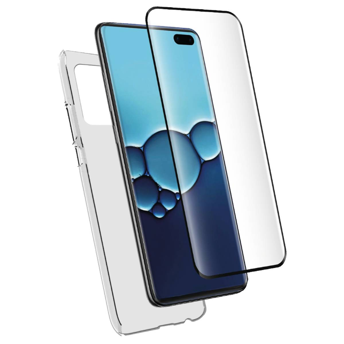 Un telefono con una custodia trasparente e uno schermo blu. La custodia è trasparente.