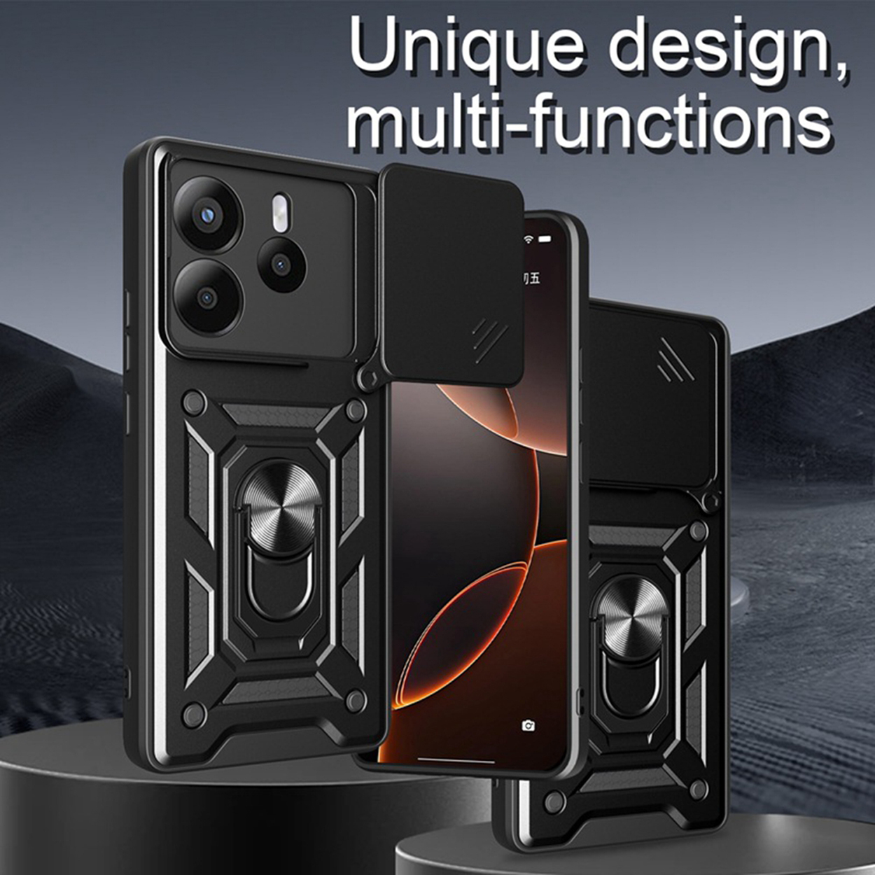 Drie telefoons met hoesjes. De hoesjes lijken zwart. Eén telefoon heeft een camerabescherming.