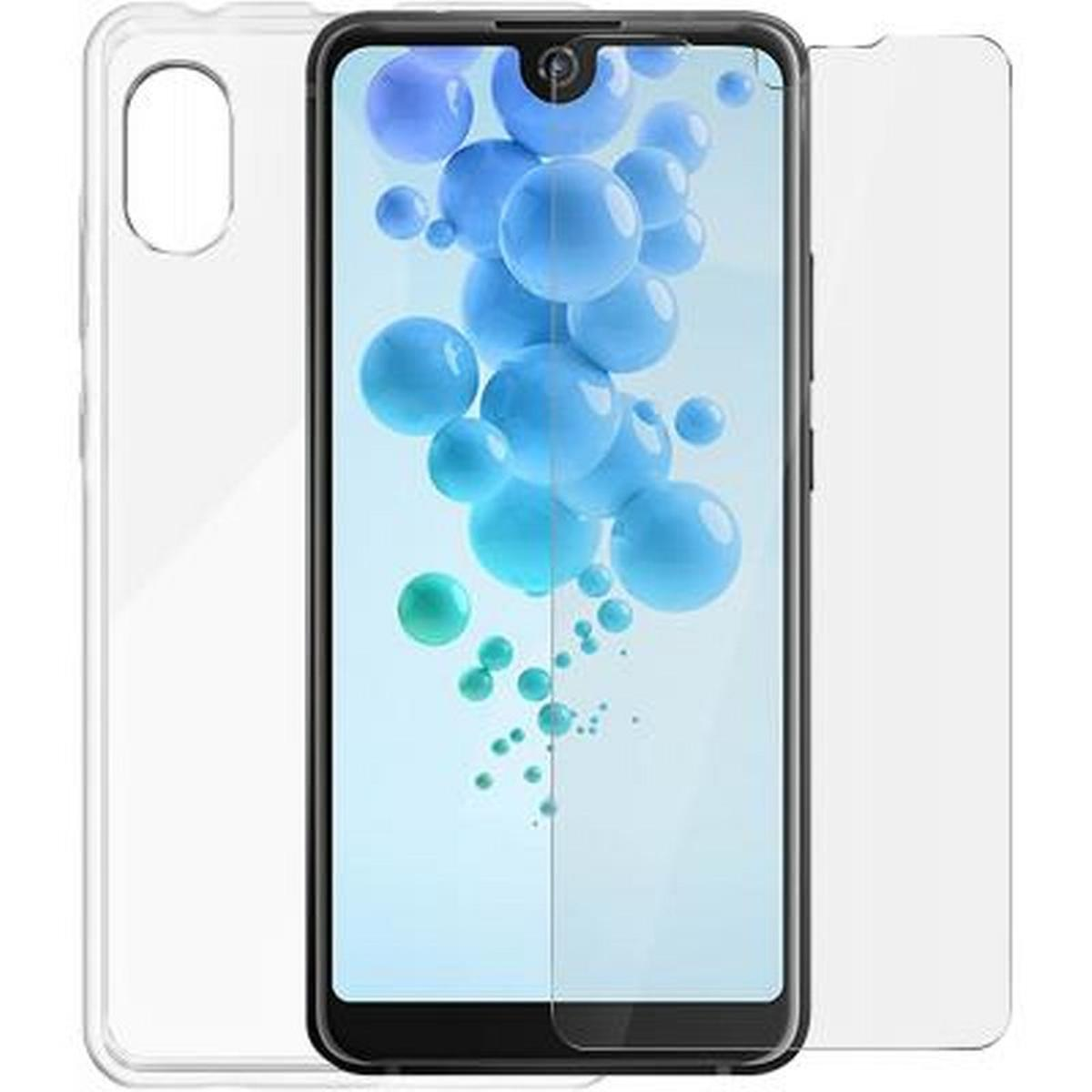 Uno schermo del telefono e una custodia trasparente e una protezione per lo schermo. Lo schermo mostra sfere blu e verde acqua.