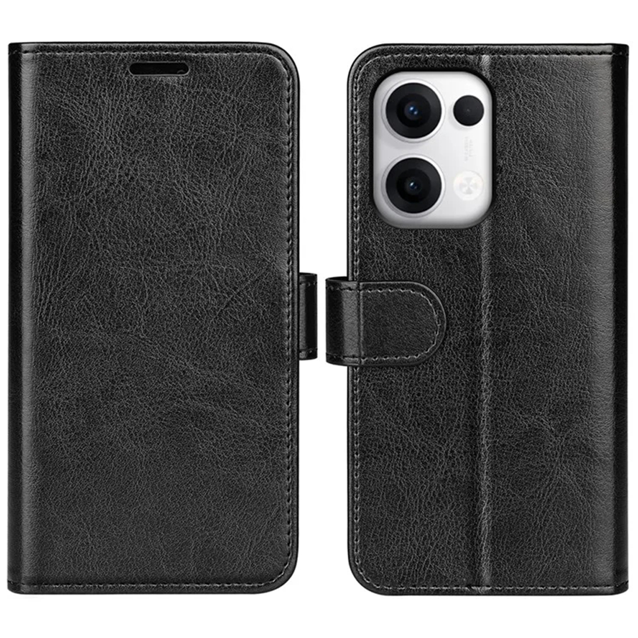 Un étui de téléphone en cuir noir, fermé. Comprend un fermoir magnétique. L'avant a un motif texturé.